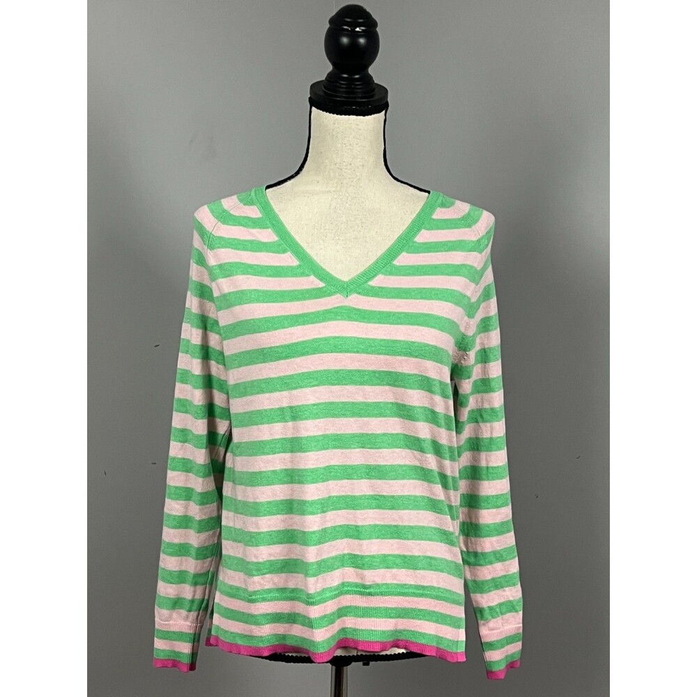 Zaket & Plover $108 Essential Stripe Vee Knit Sweater Green/Pink Women's XS